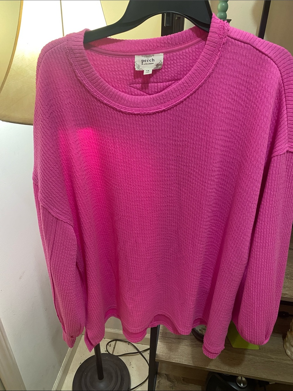 Perch Waffle Knit Crew Neck Sweater in Bright Pink